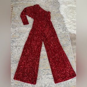 Red sequin jumpsuit, one shoulder, PLT. Sz 8